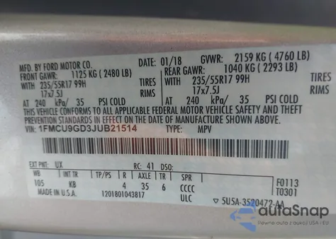 2018 Ford Escape Se из США, поврежденный, VIN 1FMCU9GD3JUB21514